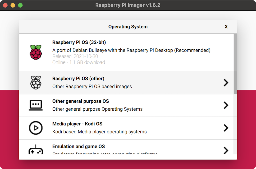 Raspberry Pi Imager, selecting Raspberry Pi OS other