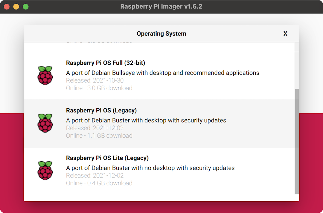 Raspberry Pi Imager, selecting Raspberry Pi OS legacy