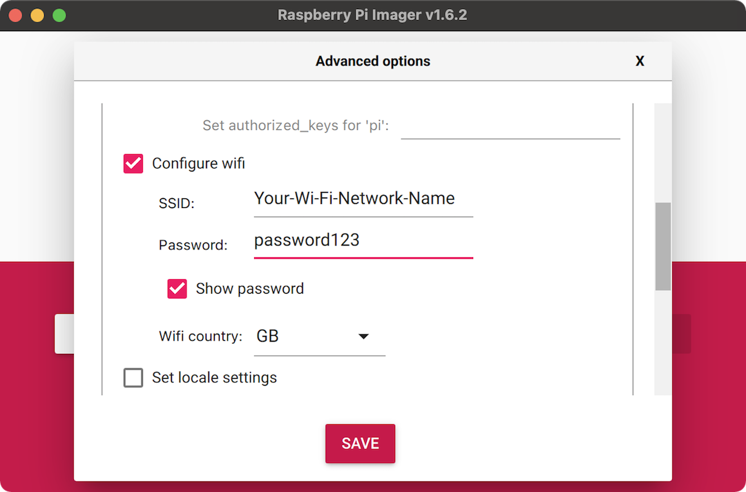 Raspberry Pi Imager, Wi-Fi details